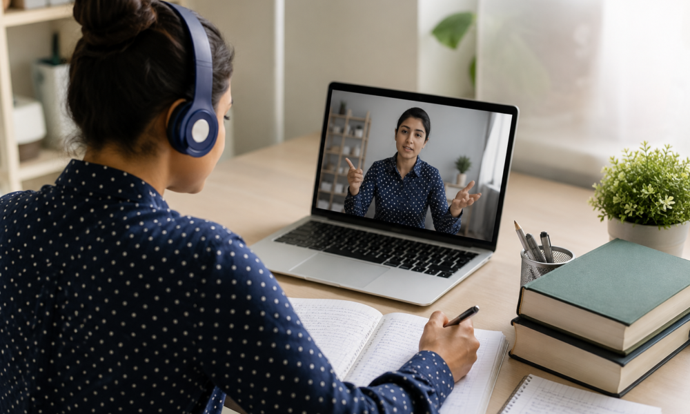 University student attending an online postgraduate lecture on a laptop while studying from home.