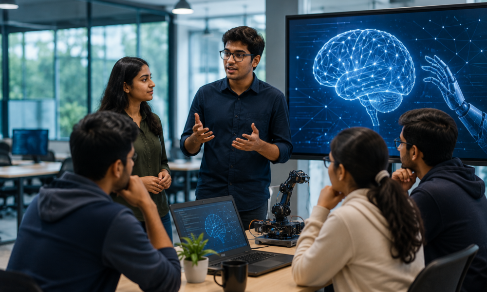 Students presenting an artificial intelligence startup idea before mentors at IIT Madras.