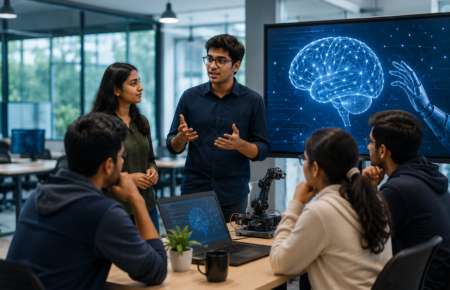 Students presenting an artificial intelligence startup idea before mentors at IIT Madras.
