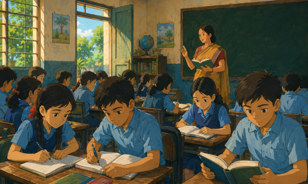 Indian government school classroom with students studying