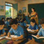 Indian government school classroom with students studying