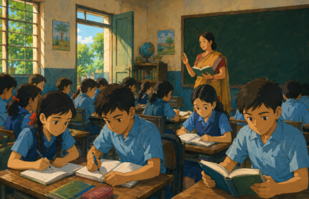 Indian government school classroom with students studying