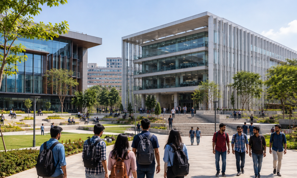 University students walking outside the new University of Liverpool campus in Bengaluru