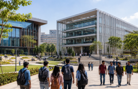 University students walking outside the new University of Liverpool campus in Bengaluru