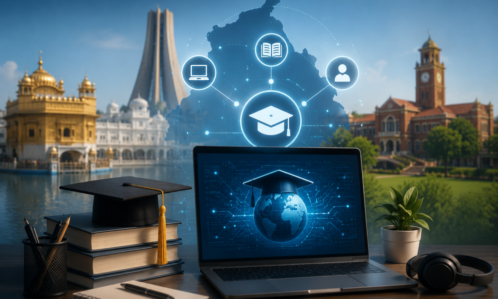 Students attending an online university class using laptops and digital learning technology