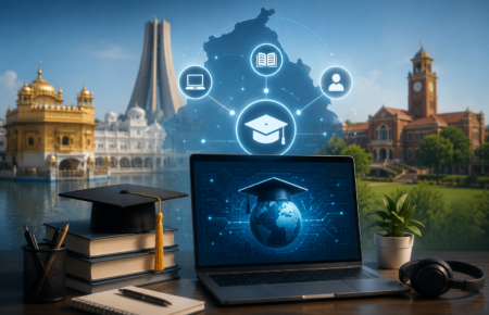 Students attending an online university class using laptops and digital learning technology