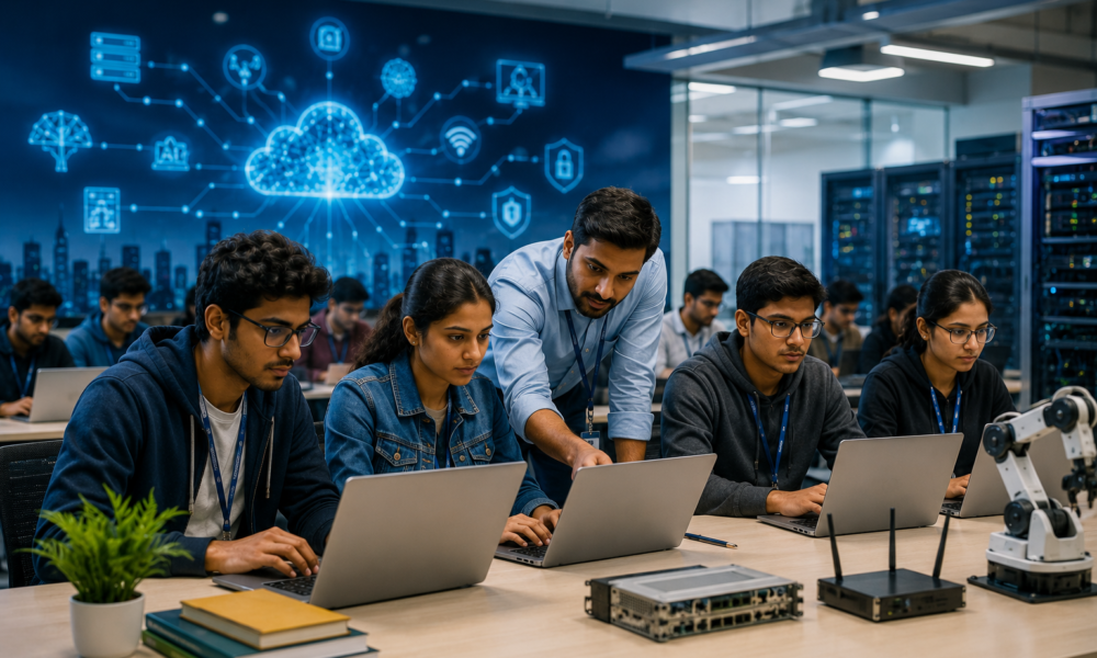 Indian university students learning AI networking and cloud technology in a modern computer laboratory