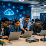 Indian university students learning AI networking and cloud technology in a modern computer laboratory