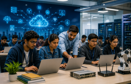 Indian university students learning AI networking and cloud technology in a modern computer laboratory