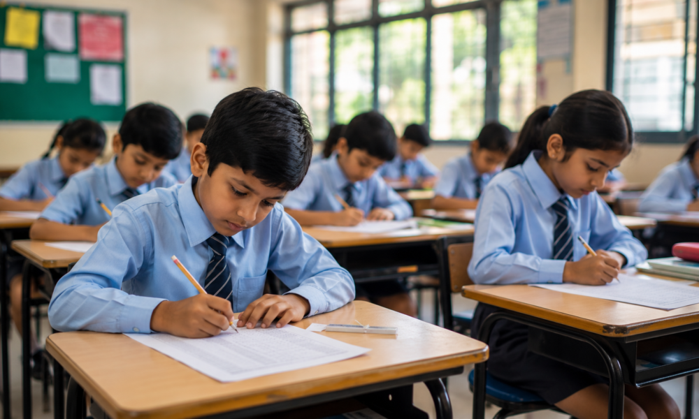 Delhi school students preparing for a classroom assessment