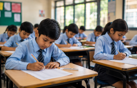 Delhi school students preparing for a classroom assessment