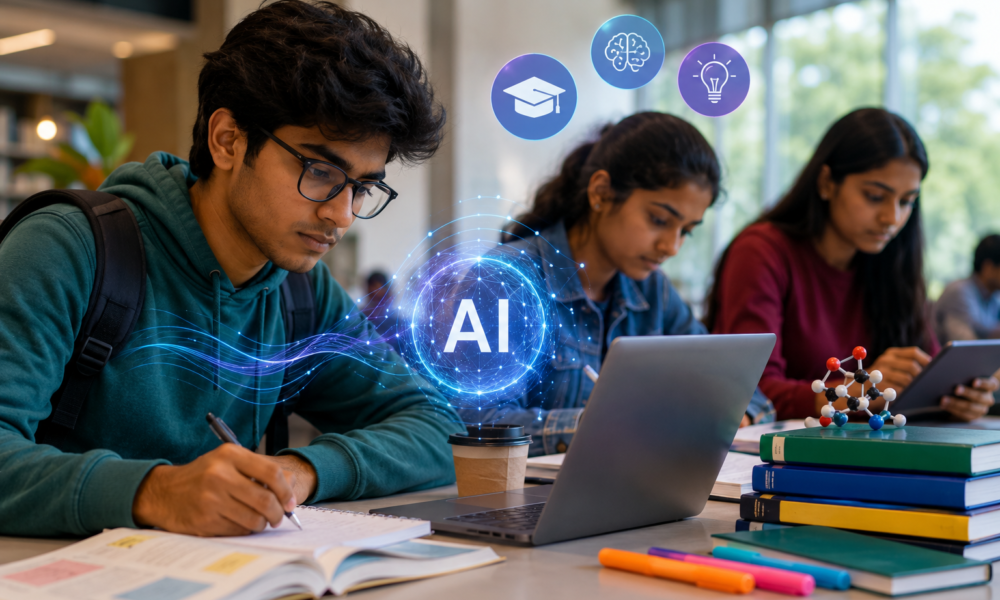 Indian college students using AI-powered learning tools on laptops in a modern classroom