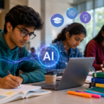 Indian college students using AI-powered learning tools on laptops in a modern classroom