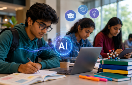 Indian college students using AI-powered learning tools on laptops in a modern classroom