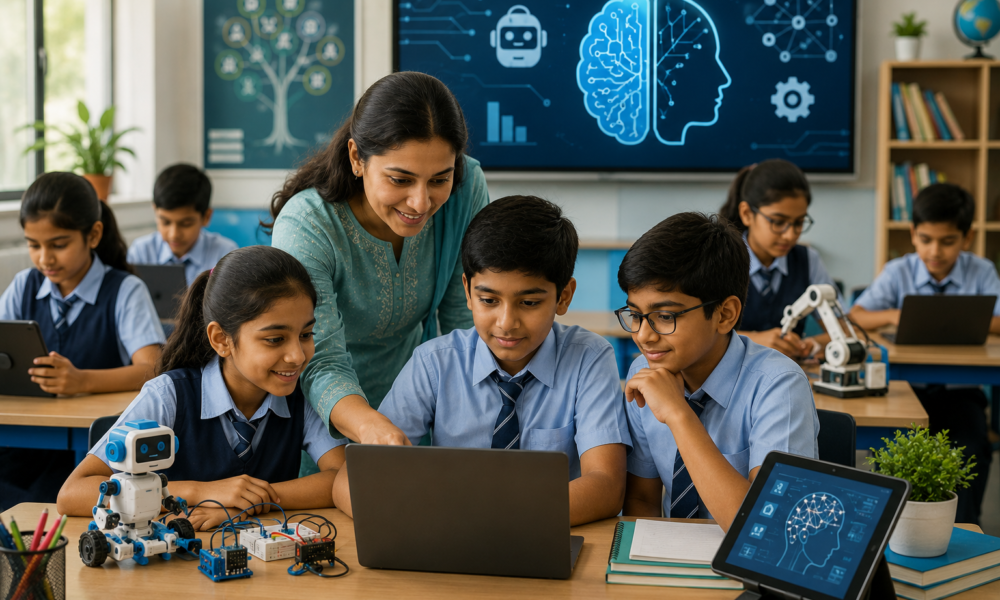Indian school students learning artificial intelligence and computational thinking in a modern classroom