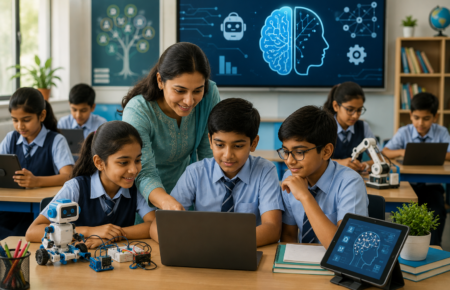Indian school students learning artificial intelligence and computational thinking in a modern classroom