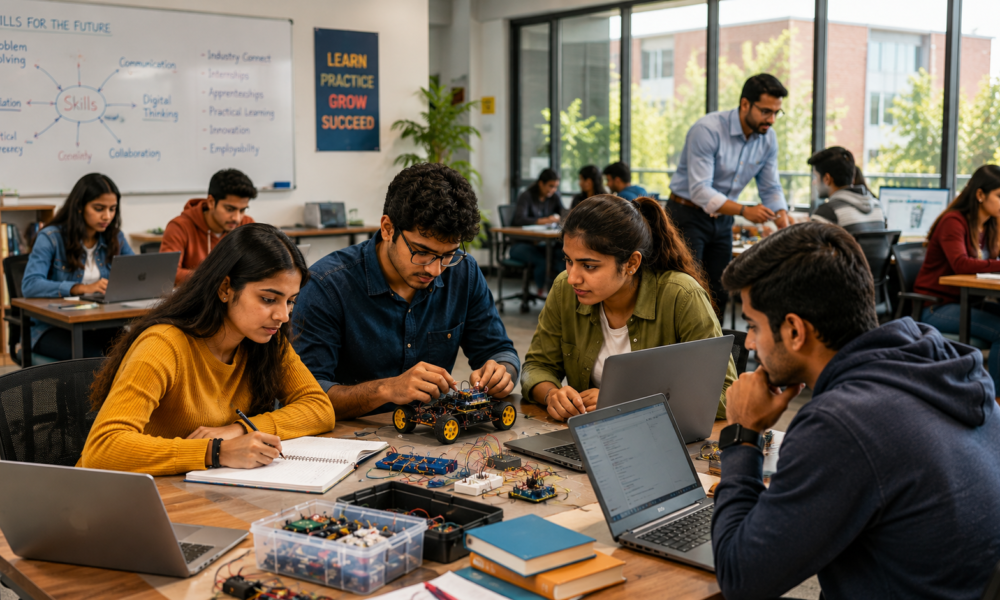 Indian students learning practical skills in a classroom as they prepare for employment
