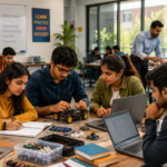 Indian students learning practical skills in a classroom as they prepare for employment