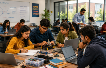 Indian students learning practical skills in a classroom as they prepare for employment