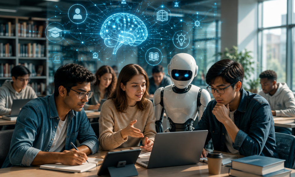 University students using laptops and AI-powered learning tools in a modern digital classroom.