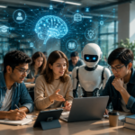 University students using laptops and AI-powered learning tools in a modern digital classroom.