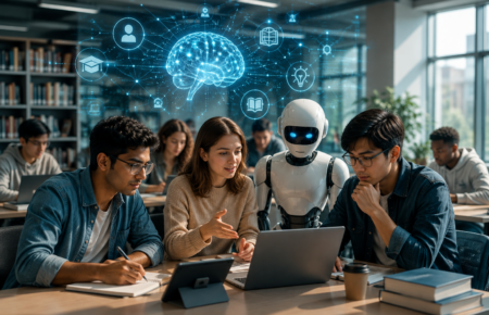 University students using laptops and AI-powered learning tools in a modern digital classroom.