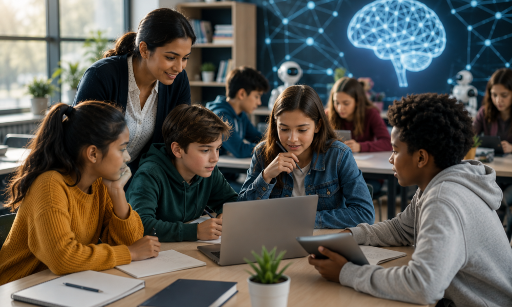 Students working together in a modern classroom using laptops while discussing ideas with a teacher.