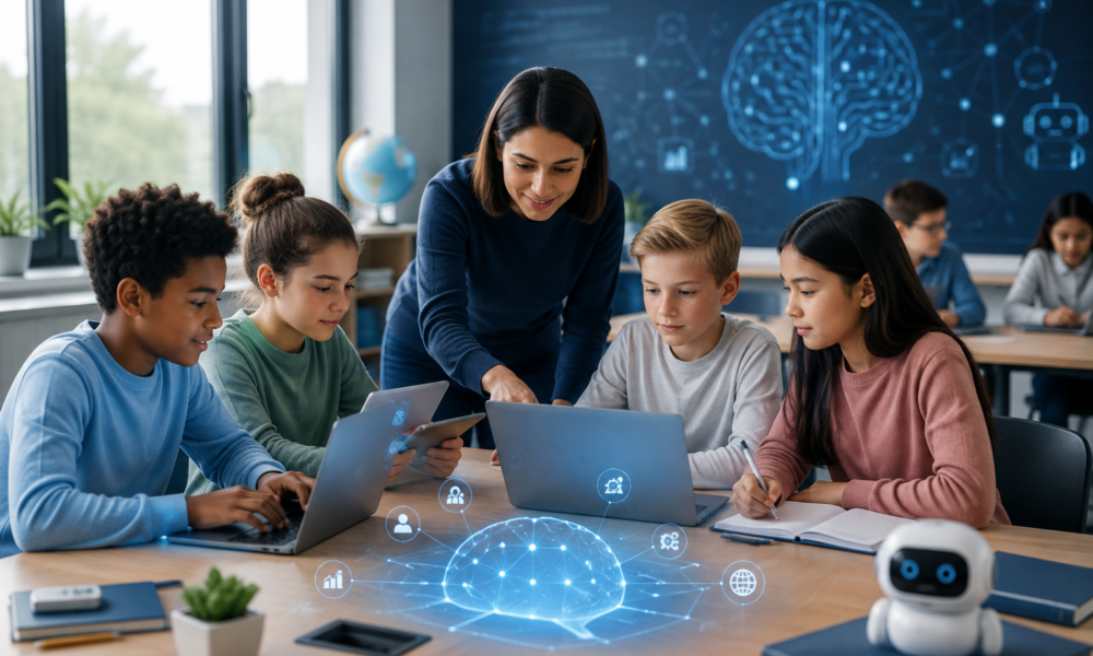 Students and a teacher using artificial intelligence tools in a modern digital classroom.