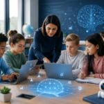 Students and a teacher using artificial intelligence tools in a modern digital classroom.