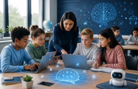 Students and a teacher using artificial intelligence tools in a modern digital classroom.