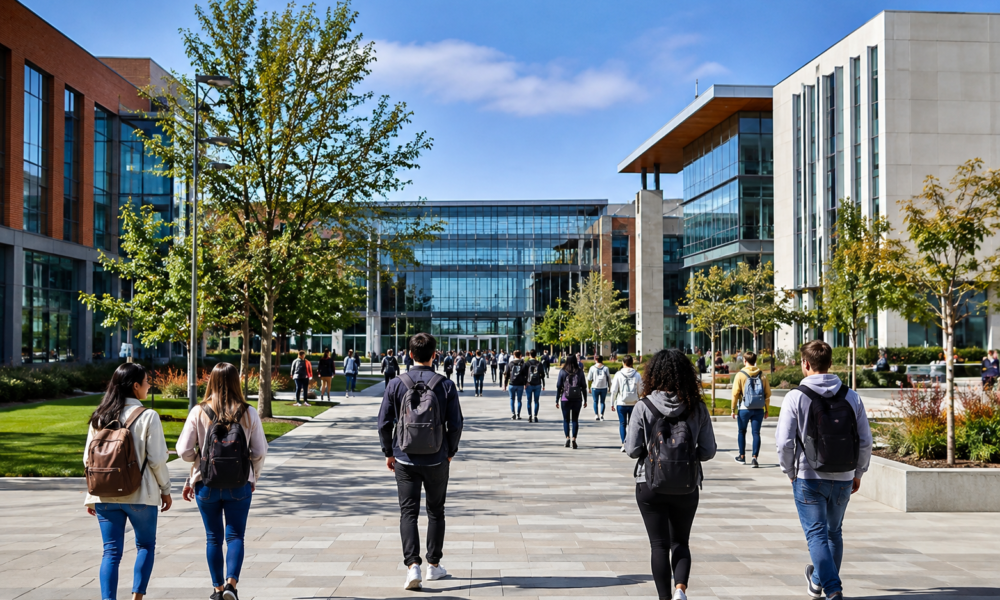 Modern university campus with students walking between academic buildings during the start of a new academic year.