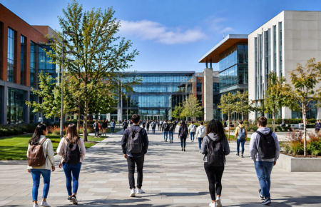 Modern university campus with students walking between academic buildings during the start of a new academic year.
