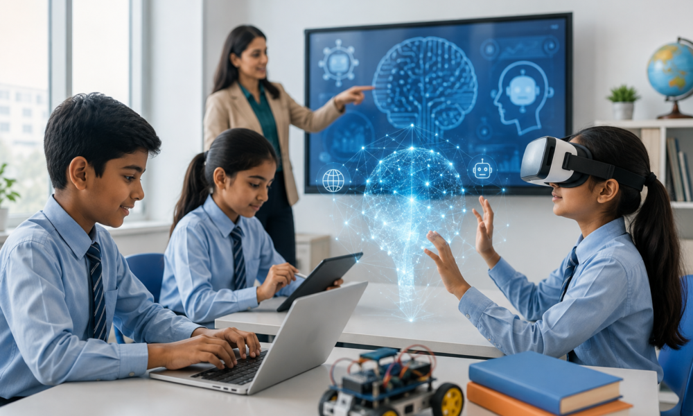 School students using computers in a modern classroom while learning artificial intelligence with a teacher.