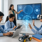 School students using computers in a modern classroom while learning artificial intelligence with a teacher.