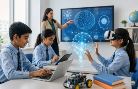 School students using computers in a modern classroom while learning artificial intelligence with a teacher.