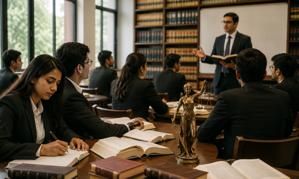 Law students studying in a modern Indian law college classroom during a legal education inspection