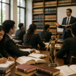 Law students studying in a modern Indian law college classroom during a legal education inspection