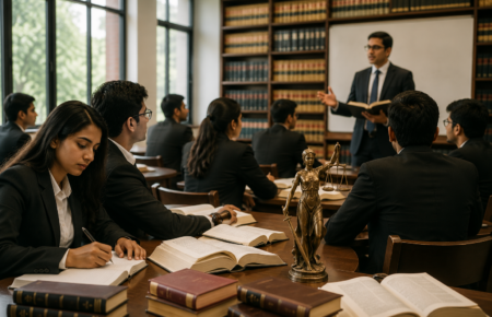 Law students studying in a modern Indian law college classroom during a legal education inspection