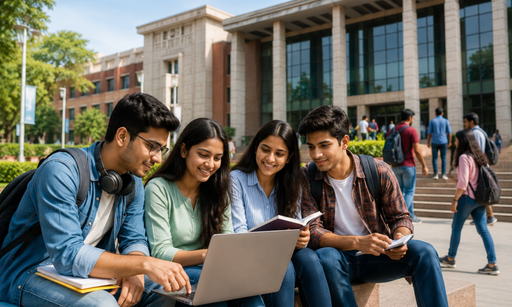 Students discussing higher education options on a laptop at a Delhi university campus