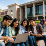 Students discussing higher education options on a laptop at a Delhi university campus