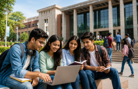 Students discussing higher education options on a laptop at a Delhi university campus