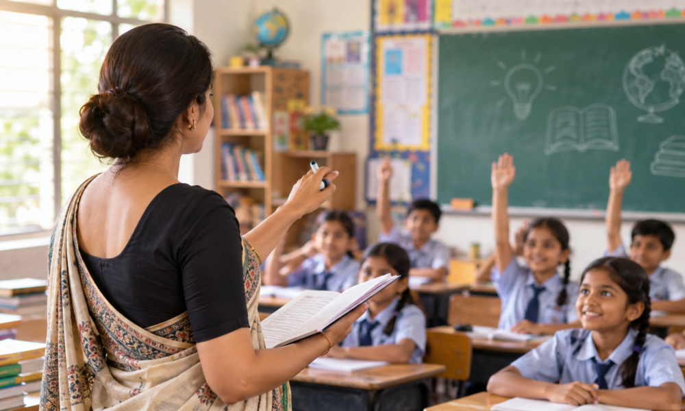 Teacher teaching primary school students for UP Super TET 2026 recruitment