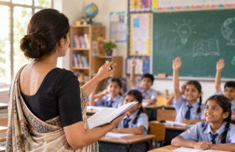 Teacher teaching primary school students for UP Super TET 2026 recruitment