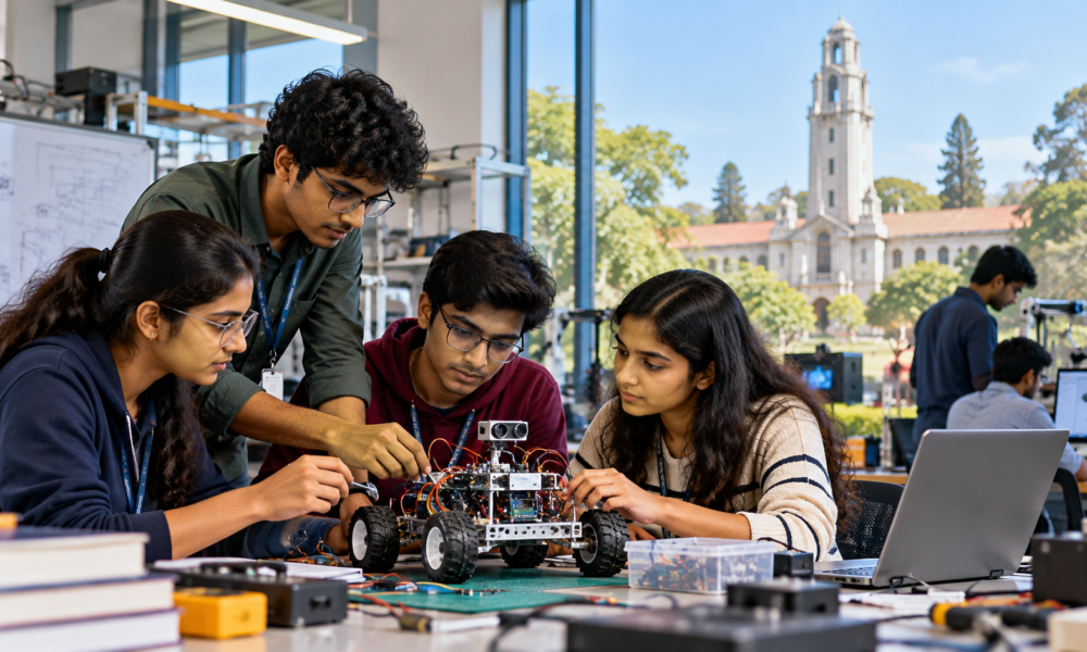Indian students developing an innovation prototype in a laboratory