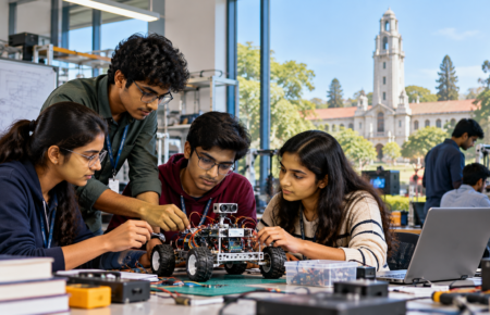 Indian students developing an innovation prototype in a laboratory