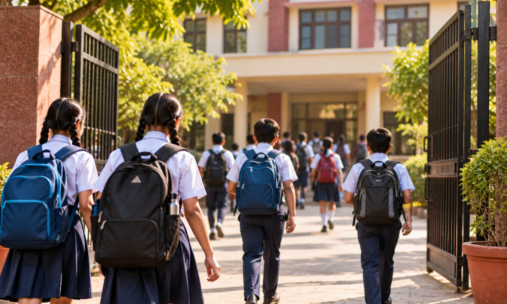 `Students outside an Indian school during school holiday`