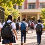 `Students outside an Indian school during school holiday`