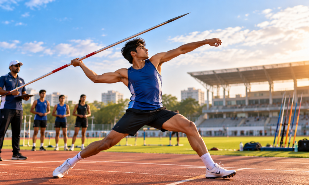 Young Indian athlete training for javelin throw