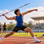 Young Indian athlete training for javelin throw