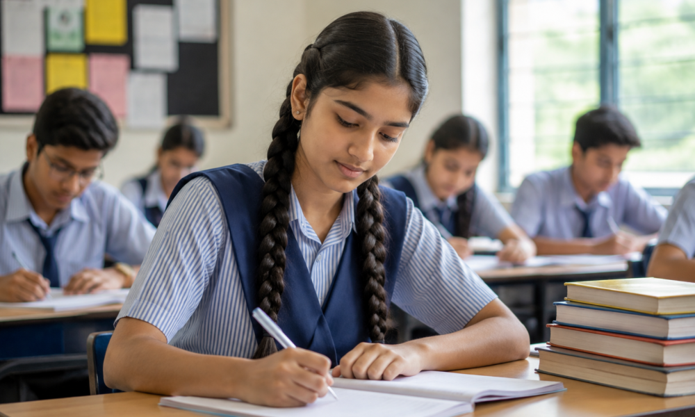 Students in India studying at school with information about the NMMSS government scholarship